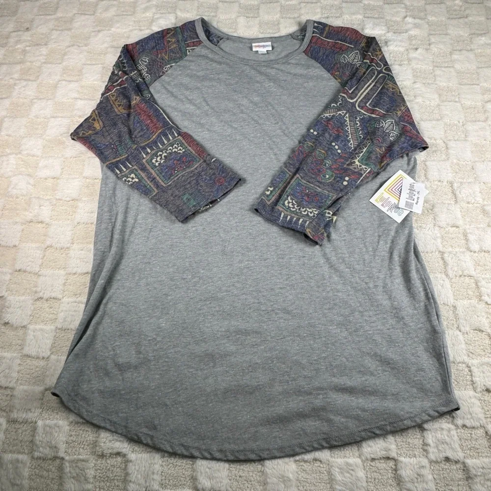 LuLaRoe Randy 2XL Gray Raglan Baseball Tee Multi-Color Geometric Pattern NWT